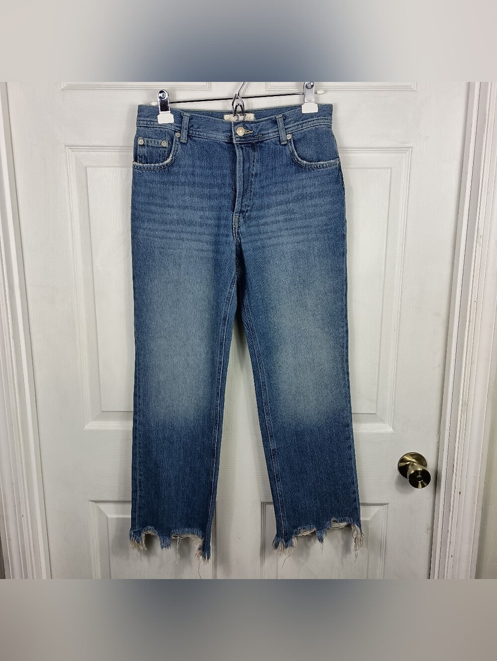 Free People Jeans 27 Womens Blue Maggie Mid Rise Destruct Frayed Hem Button Fly